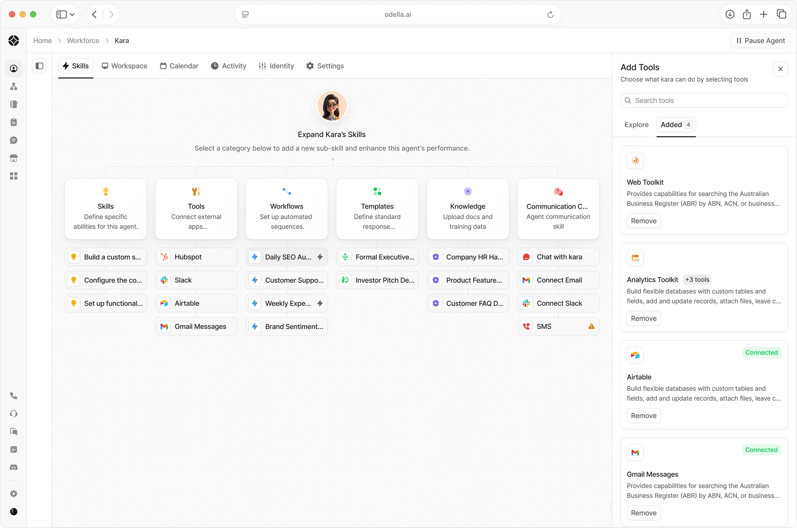 Odella AI workforce dashboard showing automated workflows and AI employee activity