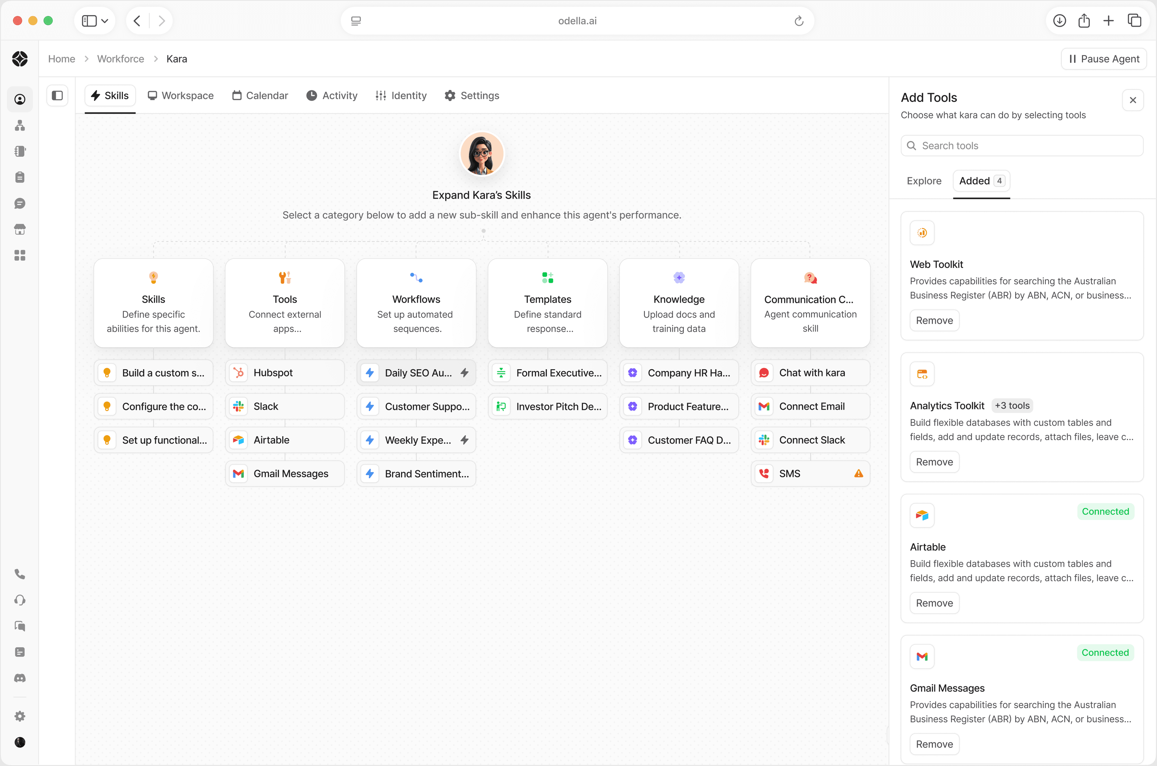 Odella AI workforce dashboard showing automated workflows and AI employee activity
